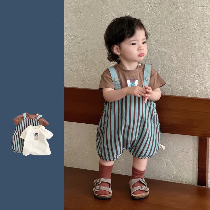 Baby Vintage Blue Striped Overalls or Brown Tee - image 1