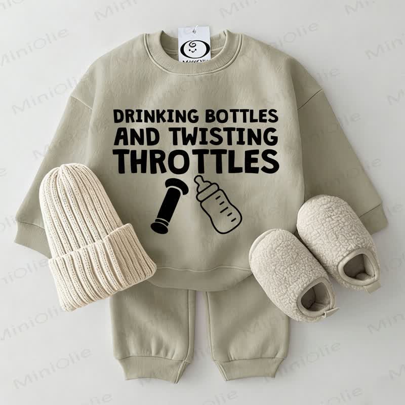DRINKING BOTTLES AND TWISTING THROTTLES Baby Sweatshirt 2-piece Grey Green Set - Grey Green - 2-3T - image 1
