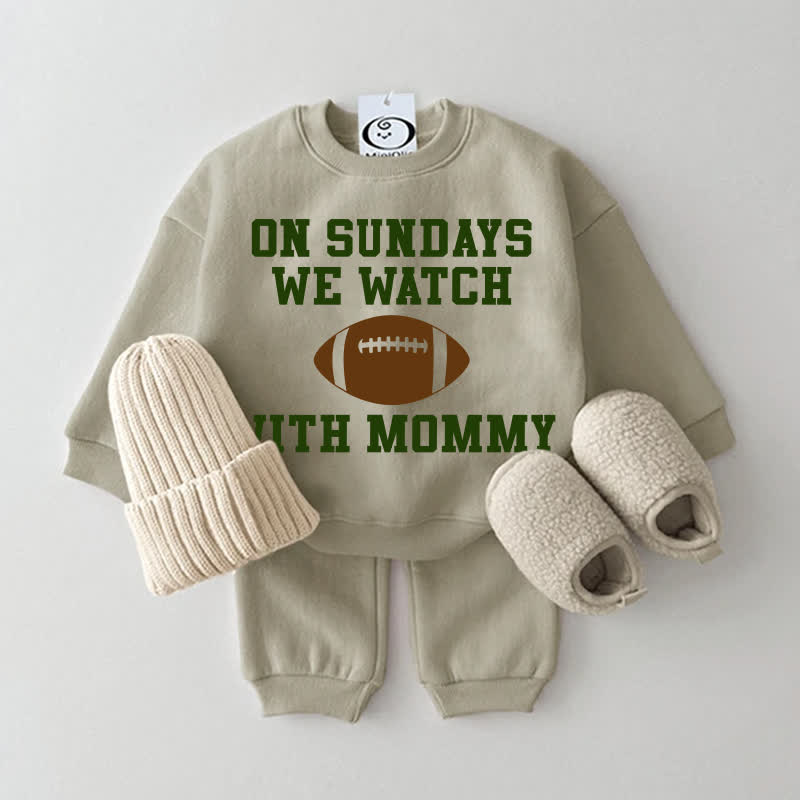 ON SUNDAYS WE WATCH WITH DADDY/MOMMY Baby Grey Green Sweatshirt 2-piece Set - Grey Green: MOMMY - 2-3T - image 2