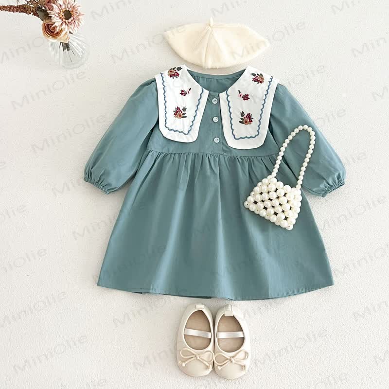 Little Girl Vintage Embroidered Collar Long Sleeve Dress - Blue - 6-7T - image 5