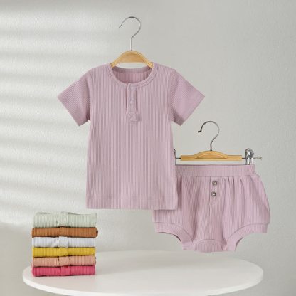 Baby Solid Color Ribbed Tee and Shorts 2-piece Pyjama Set - image 1