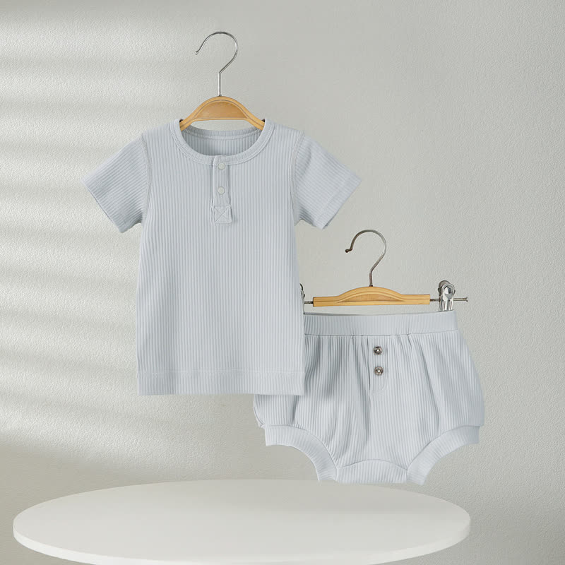 Baby Solid Color Ribbed Tee and Shorts 2-piece Pyjama Set - Blue - 2-3T - image 2