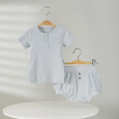 Baby Solid Color Ribbed Tee and Shorts 2-piece Pyjama Set - Blue - 2-3T - image 2