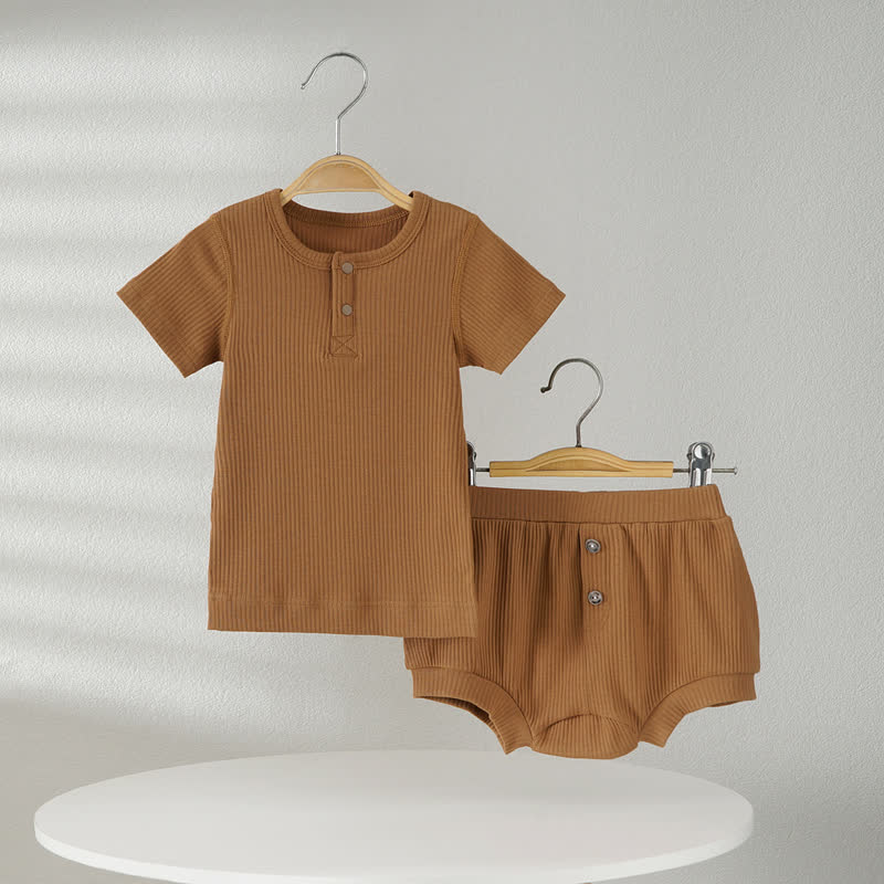 Baby Solid Color Ribbed Tee and Shorts 2-piece Pyjama Set - Brown - 2-3T - image 5