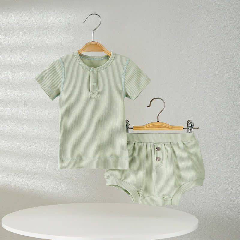 Baby Solid Color Ribbed Tee and Shorts 2-piece Pyjama Set - Green - 2-3T - image 7