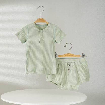 Baby Solid Color Ribbed Tee and Shorts 2-piece Pyjama Set - Green - 2-3T - image 7