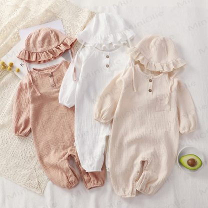 Baby Button Front Romper with Brim Hat - image 1