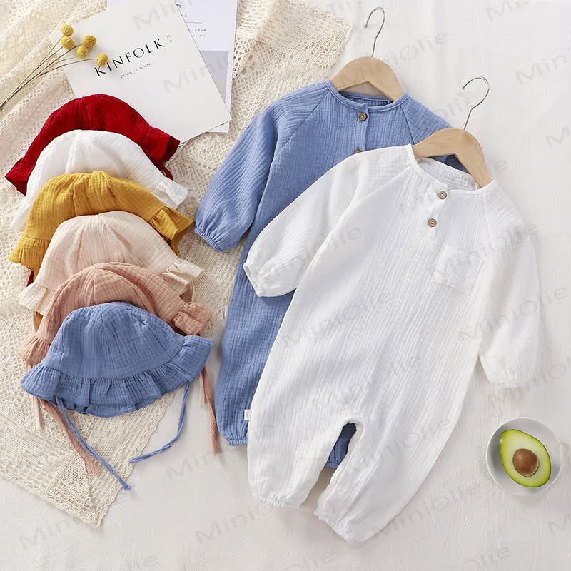 Baby Button Front Romper with Brim Hat - image 2