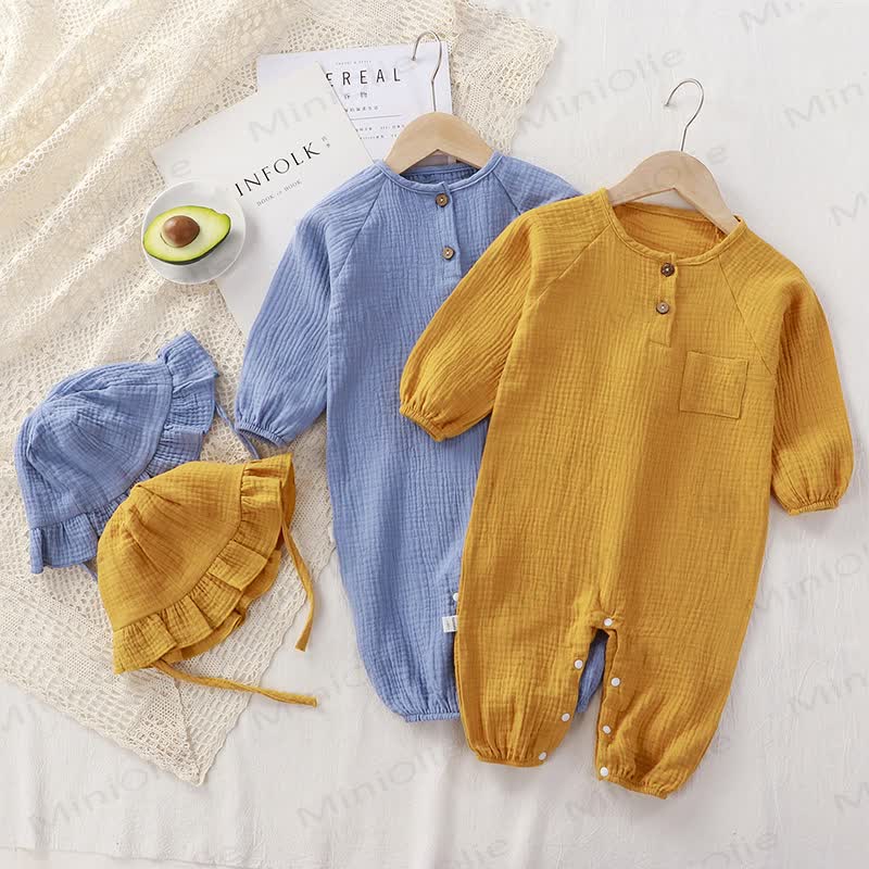Baby Button Front Romper with Brim Hat - image 3