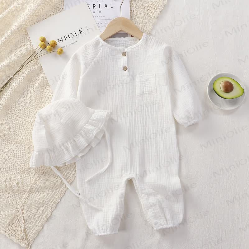 Baby Button Front Romper with Brim Hat - White - 2-3T - image 8