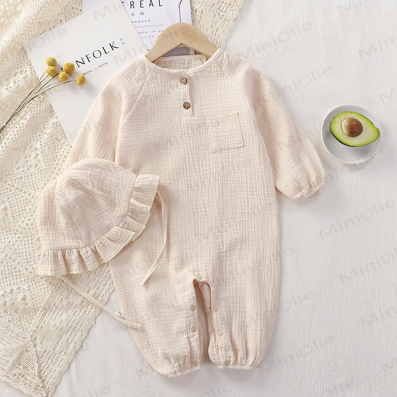 Baby Button Front Romper with Brim Hat - Beige - 2-3T - image 4