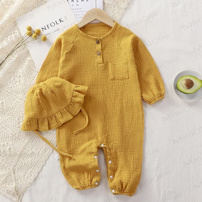 Baby Button Front Romper with Brim Hat - Yellow - 2-3T - image 9