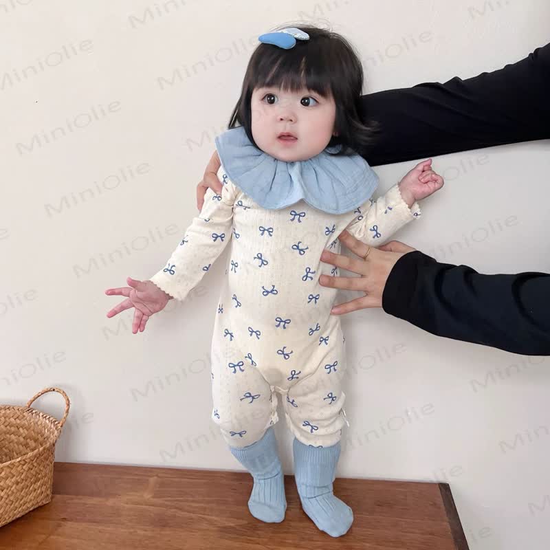 Baby Bow Print Cotton Romper (Without Bib and Socks) - Beige - 12-18M - image 1