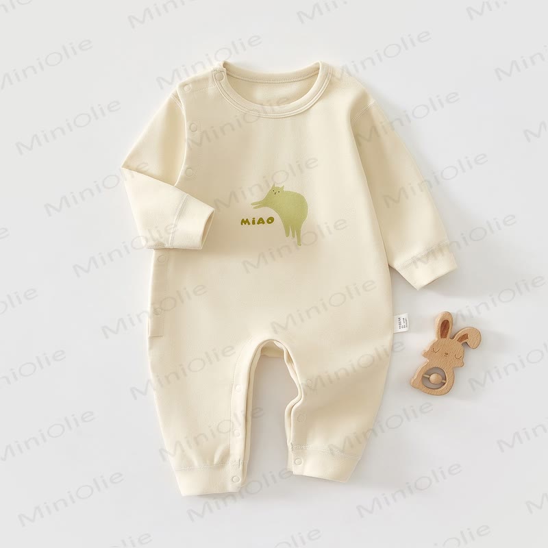 Baby Cotton Cartoon Print Long Sleeve Romper - Beige Cat - 18-24M - image 1