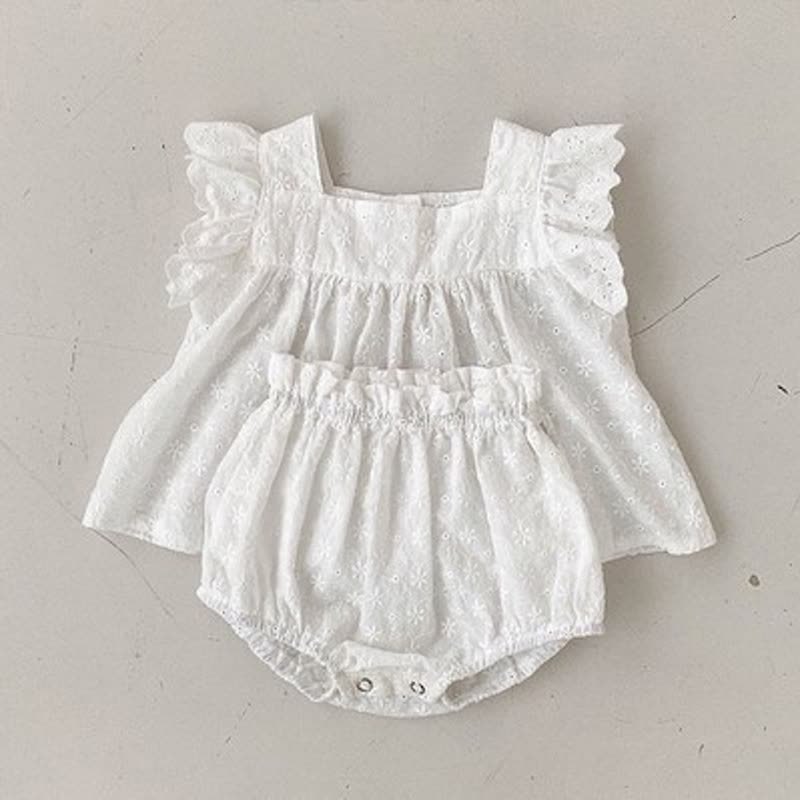 Baby Girl Solid Color Eyelet Sleeveless Top and Bloomer Shorts 2-piece Set - White - 2-3T - image 2