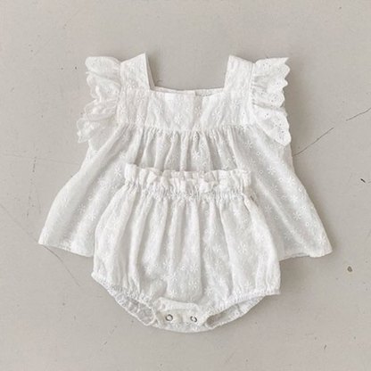 Baby Girl Solid Color Eyelet Sleeveless Top and Bloomer Shorts 2-piece Set - White - 2-3T - image 2