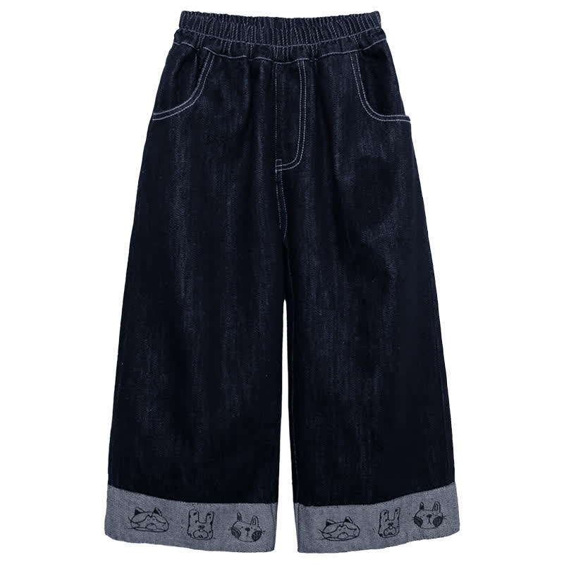 Toddler Girl Animal Embroidered Wide Leg Denim Pants - Navy - 8-9T - image 2