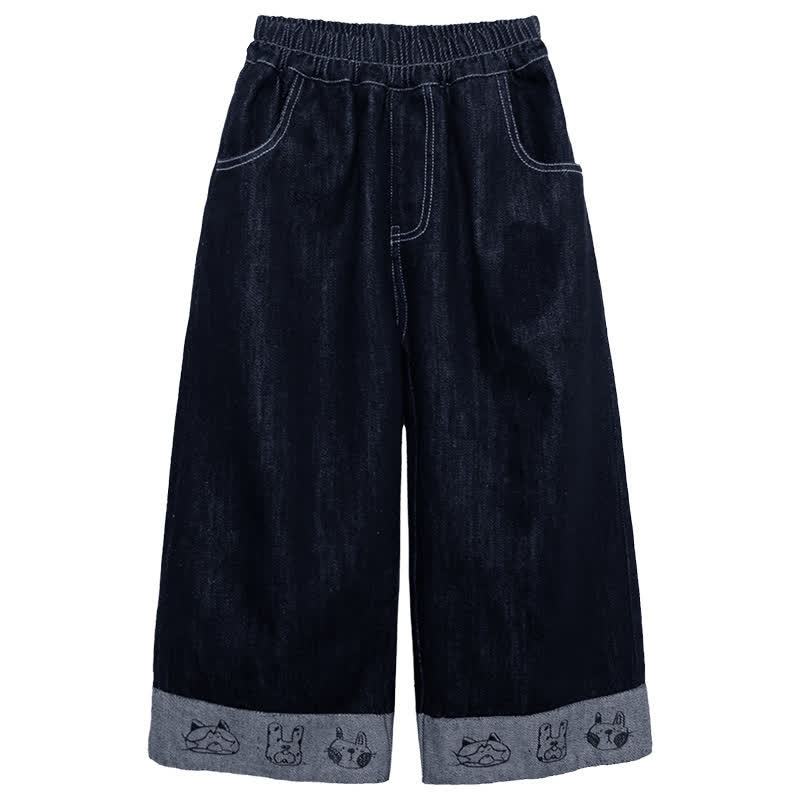 Toddler Girl Animal Embroidered Wide Leg Denim Pants - Navy - 8-9T - image 2