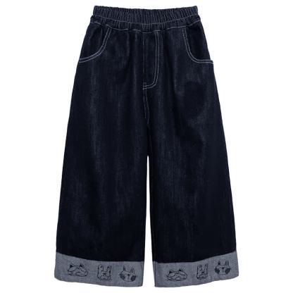 Toddler Girl Animal Embroidered Wide Leg Denim Pants - Navy - 8-9T - image 2