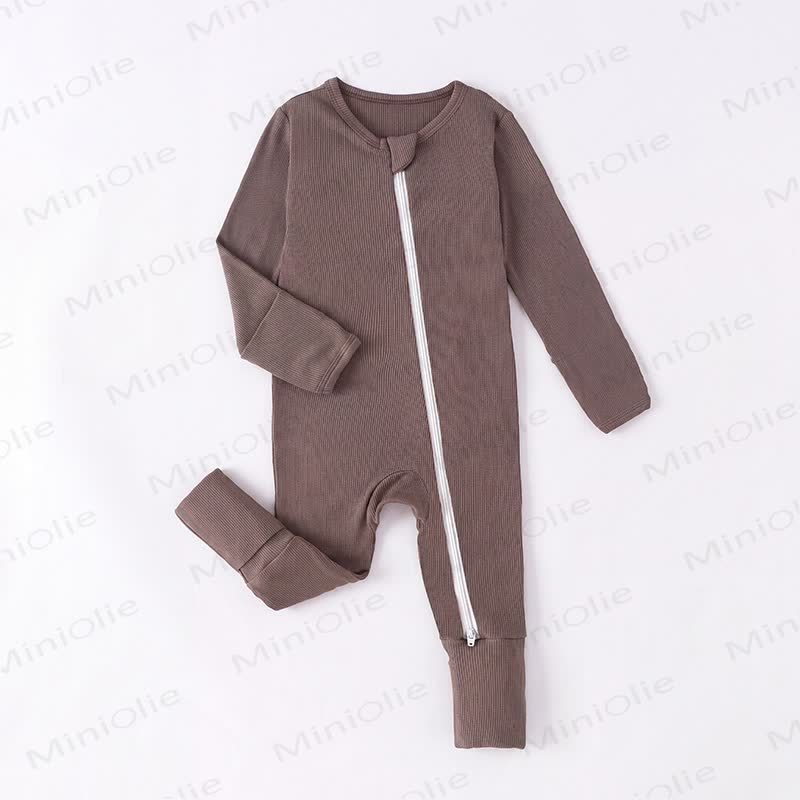 Baby Ribbed Solid Color Zip Romper - Brown - 3Y - image 2