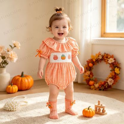 Baby Pumpkin Gingham Smocked Ruffle Collar Bodysuit - image 10