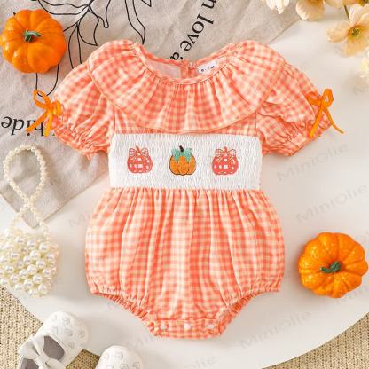 Baby Pumpkin Gingham Smocked Ruffle Collar Bodysuit - Orange - 12-18M - image 1