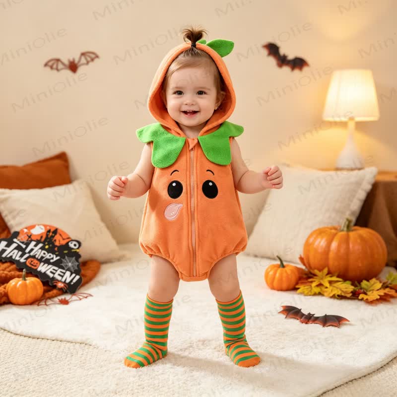 Baby Pumpkin Hooded Zip Halloween Bodysuit with Socks - Orange - 18-24M - image 1