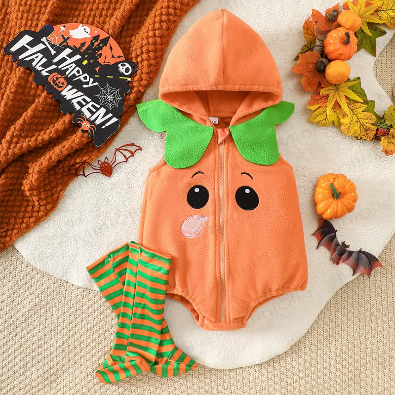 Baby Pumpkin Hooded Zip Halloween Bodysuit with Socks - image 2