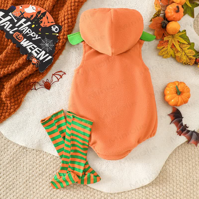 Baby Pumpkin Hooded Zip Halloween Bodysuit with Socks - image 3