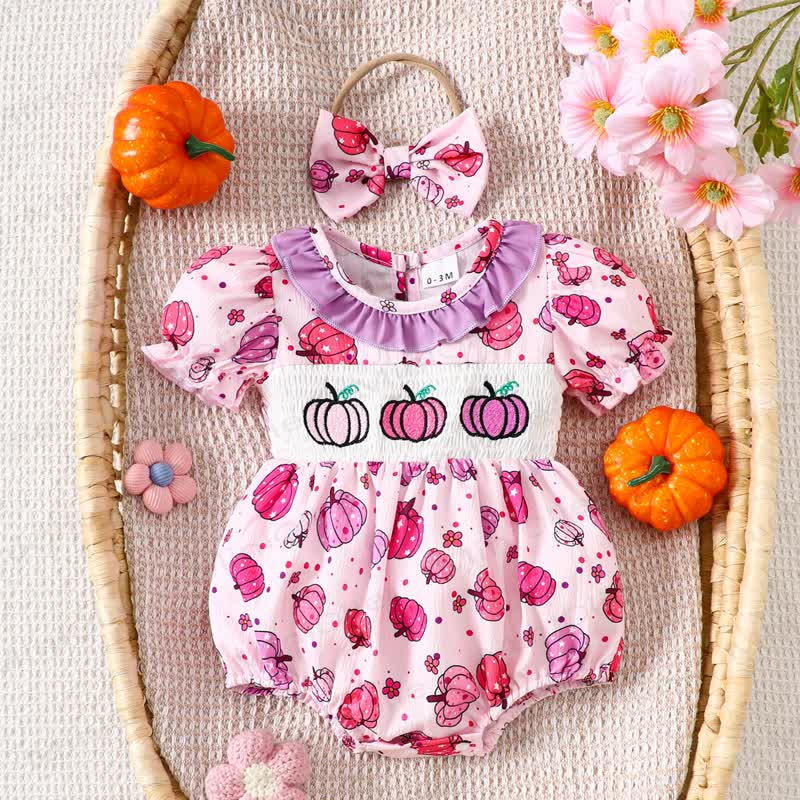 Baby Pumpkin Smocked Ruffle Collar Bodysuit with Headband - Purple - 12-18M - image 1