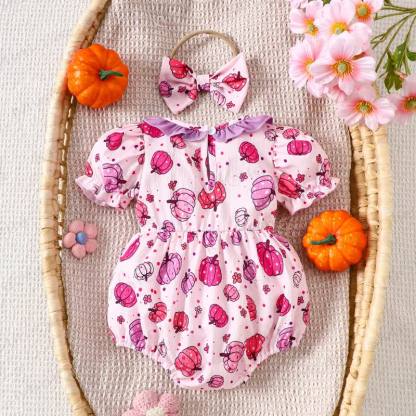 Baby Pumpkin Smocked Ruffle Collar Bodysuit with Headband - image 2