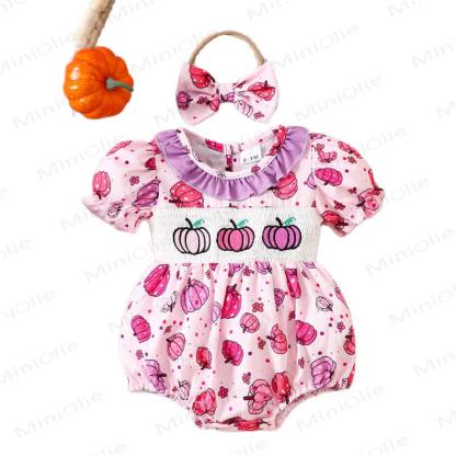 Baby Pumpkin Smocked Ruffle Collar Bodysuit with Headband - image 9