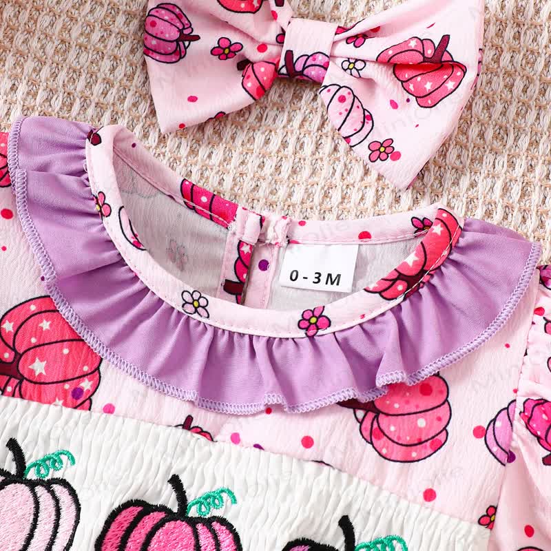 Baby Pumpkin Smocked Ruffle Collar Bodysuit with Headband - image 3