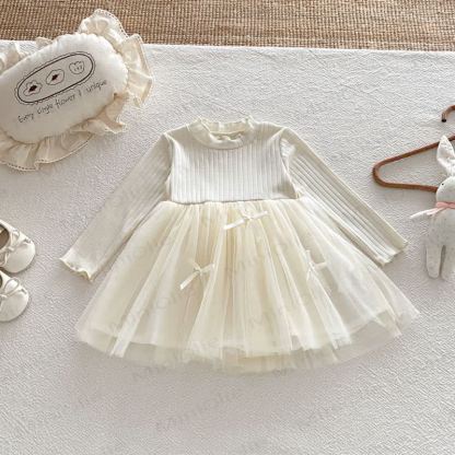 Baby Toddler Girls Long Sleeve Ribbed Knit Dress - Beige - 6-7T - image 11