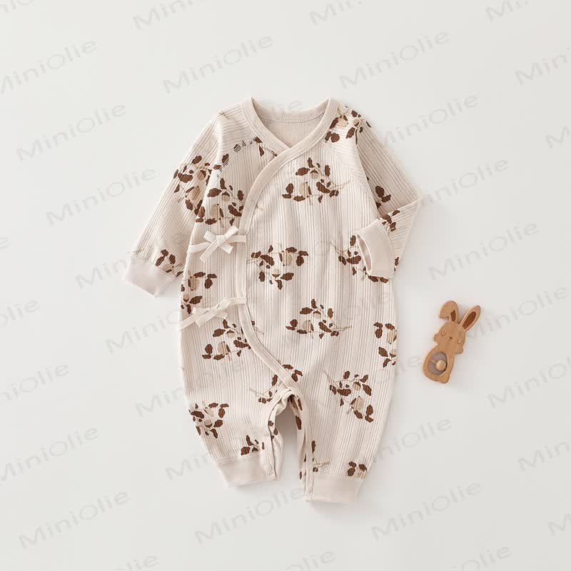 Baby Soft Ribbed Wrap Long Sleeve Romper - Beige Leaves - 6-9M - image 4