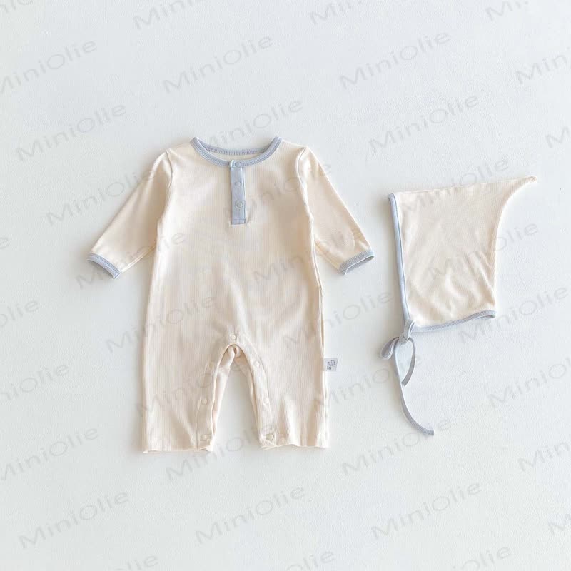 Baby Solid Color Romper with Bonnet - Beige - 18-24M - image 2