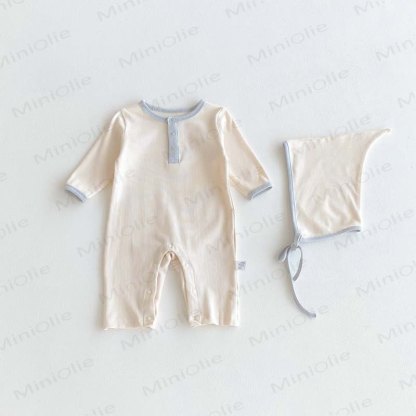 Baby Solid Color Romper with Bonnet - Beige - 18-24M - image 2