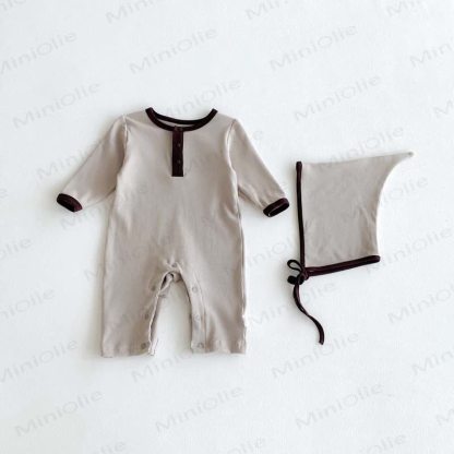 Baby Solid Color Romper with Bonnet - Khaki - 18-24M - image 3