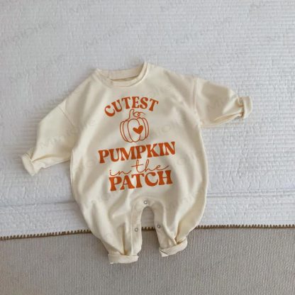 CUTEST PUMPKIN IN THE PATCH Baby Beige Romper - Beige - 2-3T - image 1