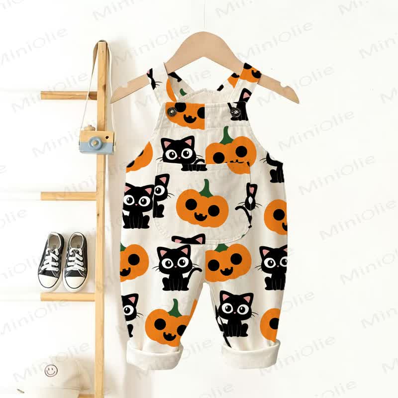 Baby Toddler Pumpkin Cat Print Overalls - Beige - 3-5T - image 1