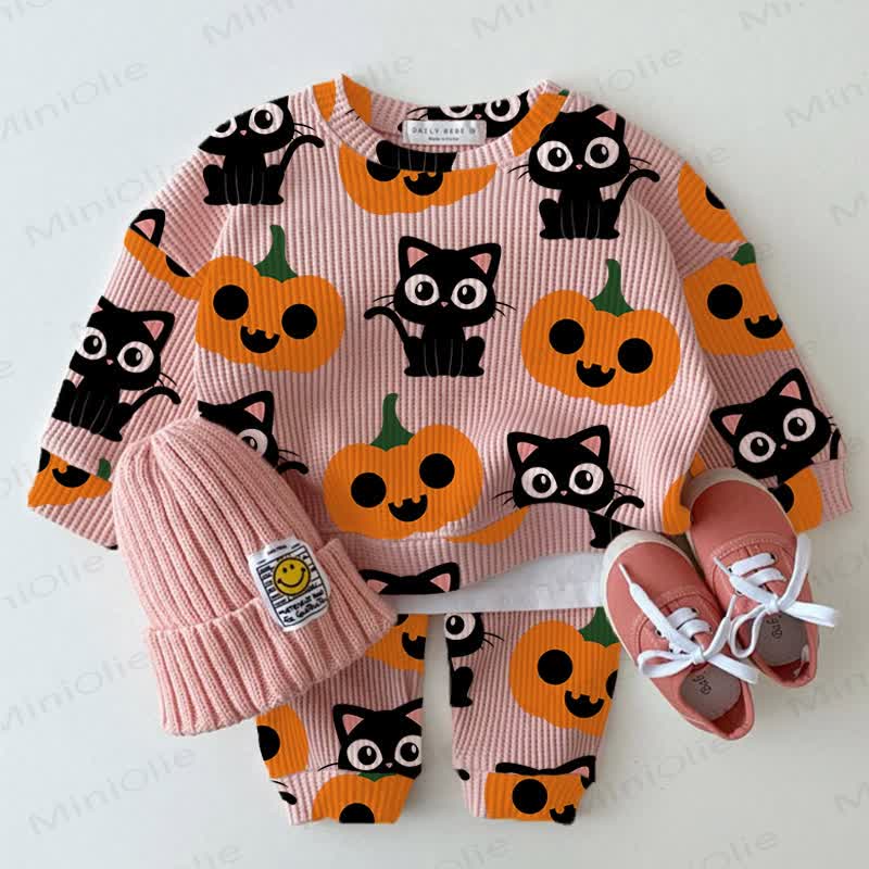 Baby Pink Pumpkin Cat Print Waffle 2-piece Set - Pink - 2-3T - image 1