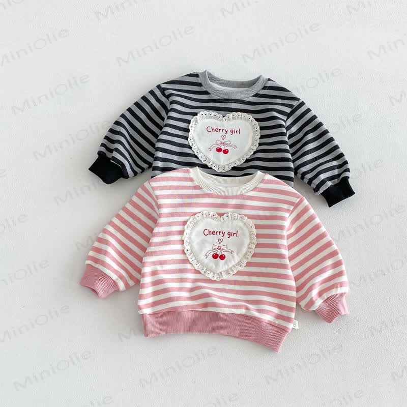 CHERRY GIRL Baby Toddler Lace Heart Striped Cotton Long Sleeve Sweatshirt - image 2