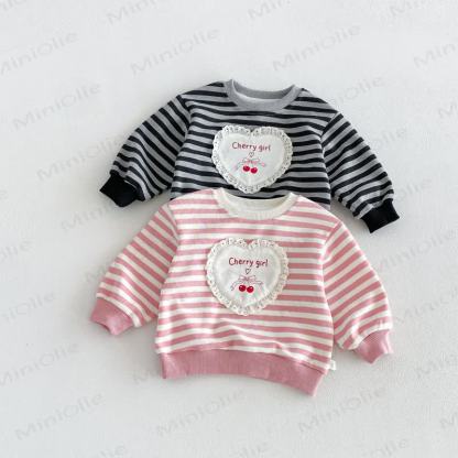 CHERRY GIRL Baby Toddler Lace Heart Striped Cotton Long Sleeve Sweatshirt - image 2
