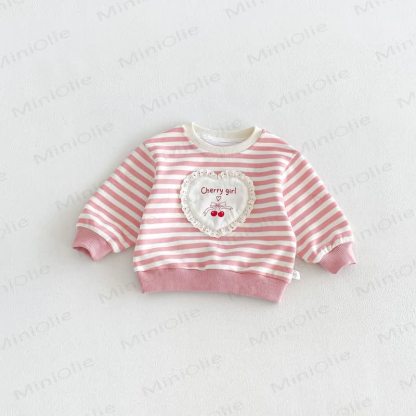 CHERRY GIRL Baby Toddler Lace Heart Striped Cotton Long Sleeve Sweatshirt - Pink - 6-7T - image 4