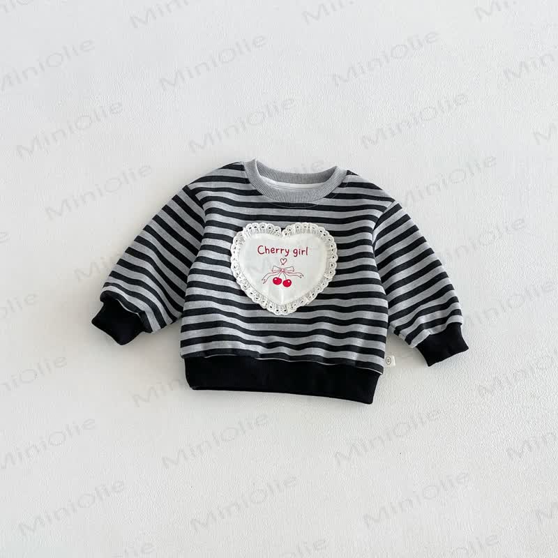 CHERRY GIRL Baby Toddler Lace Heart Striped Cotton Long Sleeve Sweatshirt - Gray - 6-7T - image 5