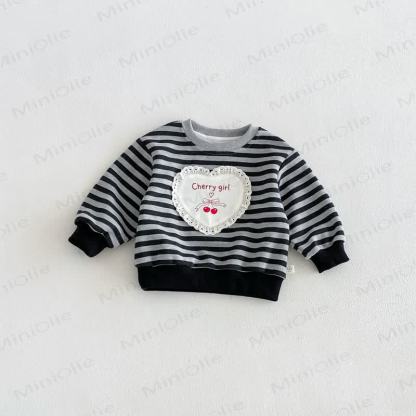 CHERRY GIRL Baby Toddler Lace Heart Striped Cotton Long Sleeve Sweatshirt - Gray - 6-7T - image 5