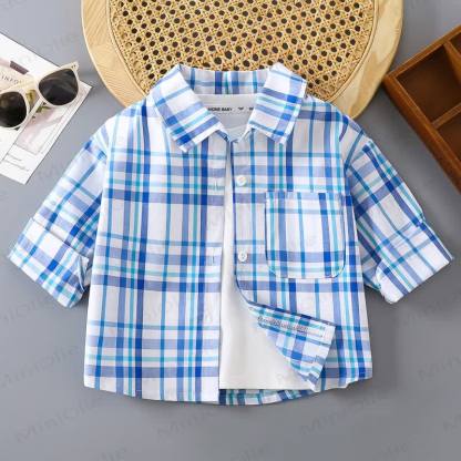 Toddler Colorful Plaid Button Front Pocket Summer Shirt - Blue - 10-11T - image 4