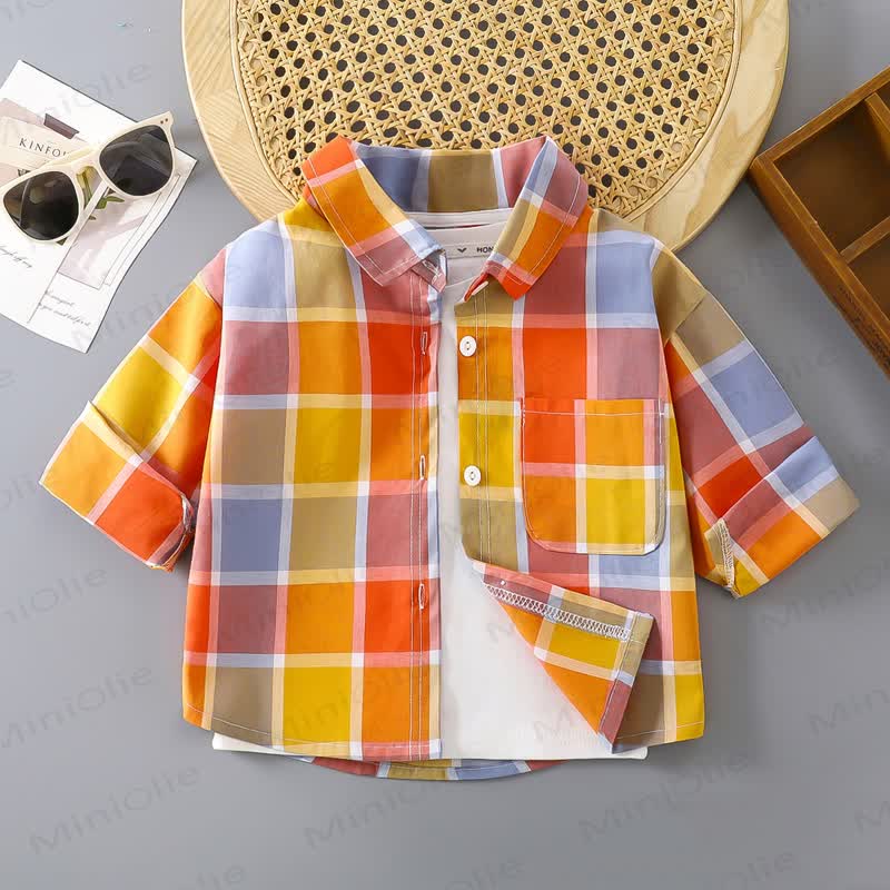 Toddler Colorful Plaid Button Front Pocket Summer Shirt - Orange - 10-11T - image 3