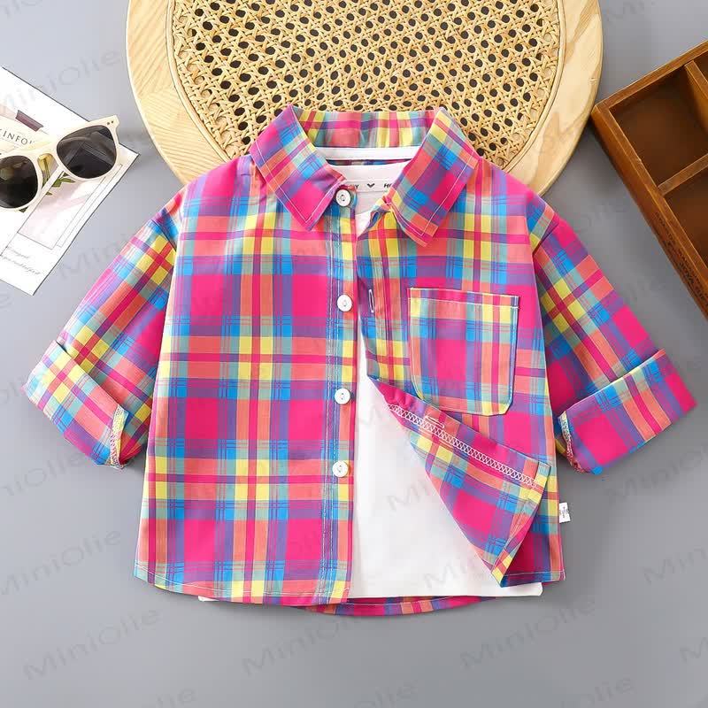 Toddler Colorful Plaid Button Front Pocket Summer Shirt - Pink - 10-11T - image 5