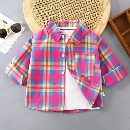 Toddler Colorful Plaid Button Front Pocket Summer Shirt - Pink - 10-11T - image 5
